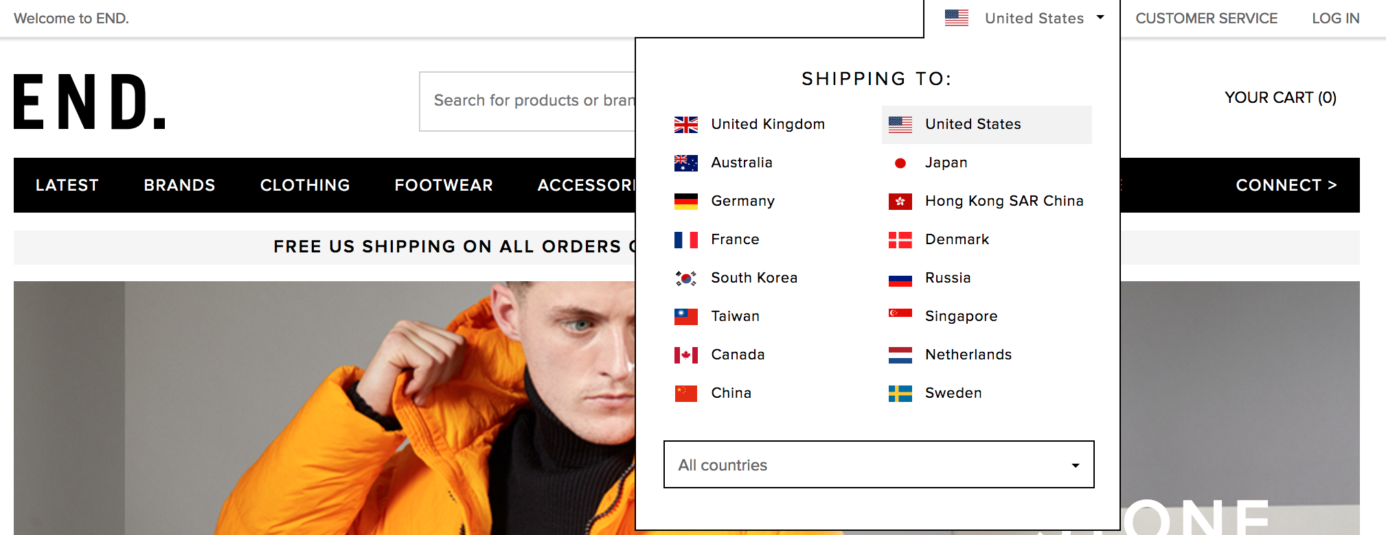 An example of a webstore that offers differing versions of its website depending on the country it is shipping to