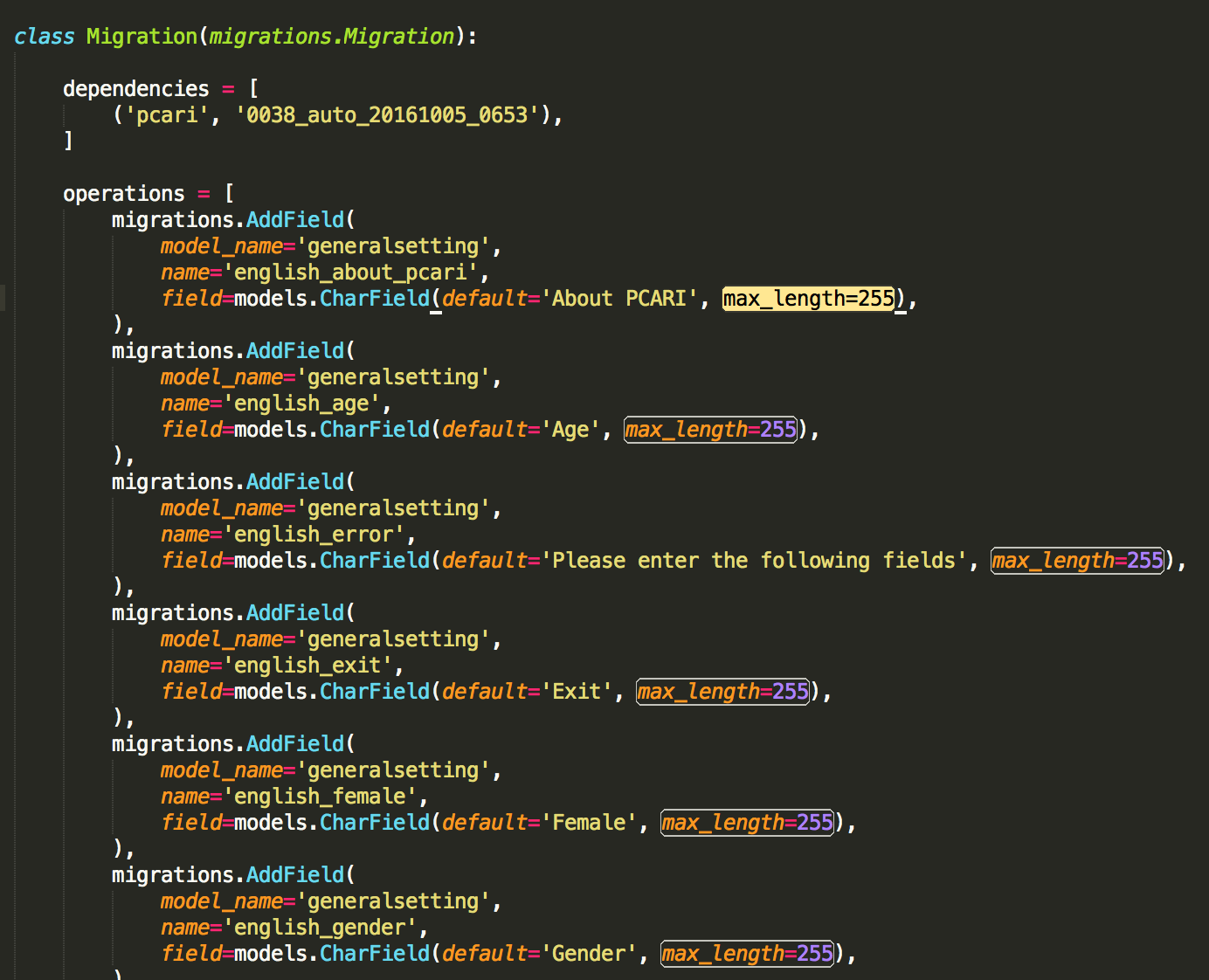 Change all the max_length attributes to max_length=255